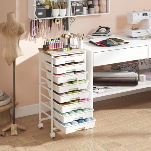 Giantex 8 Drawers Rolling Cart with Wheels, Wood Top, Sturdy Frame - color: White, size: 8 Drawer-15"x11"x30"