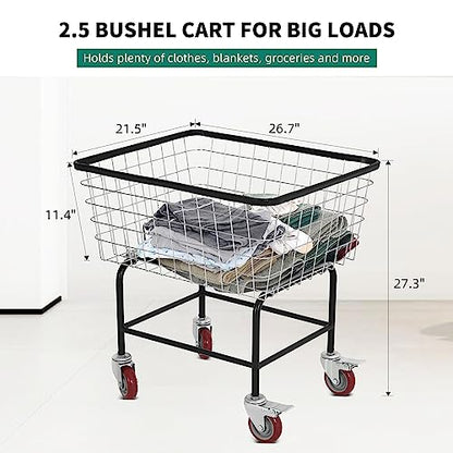 Rolling Laundry Cart with Wheels, Durable Metal, 2.5-Bushel - size: 2.5 Bushel