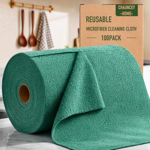 Microfiber Cleaning Cloth Roll–100 Pack, Tear Away Microfiber Towels, Reusable, Washable, Scratch-Free, Kitchen Towels for Car, Home, Kitchen, Glass, Dishes (Malachite Green) - color: Malachite Green
