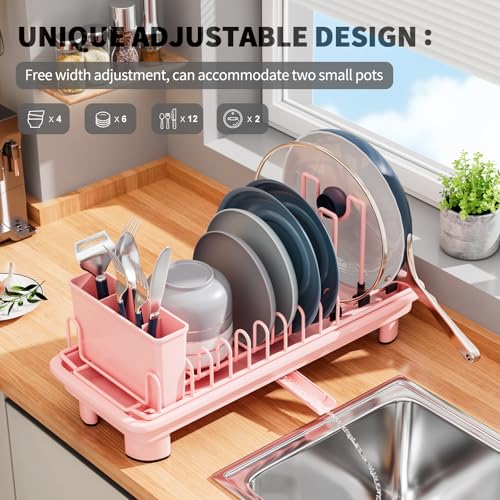 Small Dish Drying Rack, Stainless Steel with Drain Board & Utensil Holder - color: Pink