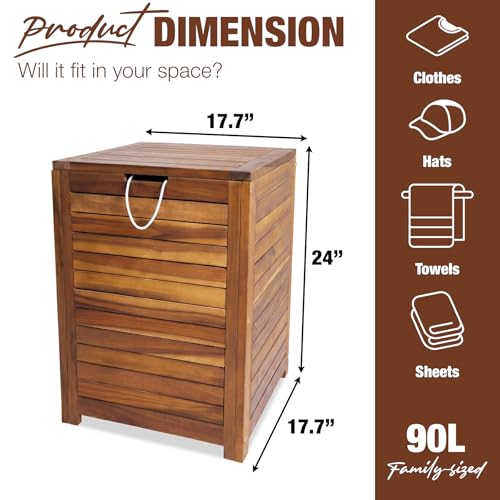 Laundry Hamper & Basket with Lid, Handles, Acacia Wood, Brown, 90L, 23.5 lb