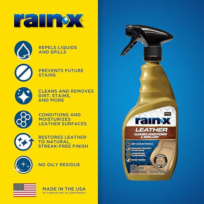 Rain-X 620236SRP Leather Cleaner Conditioner & Repellent for Car Interiors, Cleans + Repels while Moisturizing, Restores Leather to Natural, Fresh Scent without Residue 16 Fl Oz. - style: Leather Cleaner