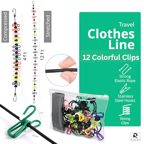 Portable Travel Clothesline with 12 Colorful Clips & Bag, Elastic RV & Camping Clothes Line for Indoor Laundry Drying Line & Outdoor Camping Accessories (Elastic)