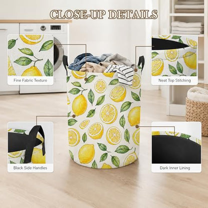 Lemon Slices Laundry Basket, Green Leaves Collapsible Laundry Hamper Waterproof Oxford Cloth With Handles, Clothes Storage Bucket For Bathroom/Bedroom 16" x 20.8" - color: Lemon Slices