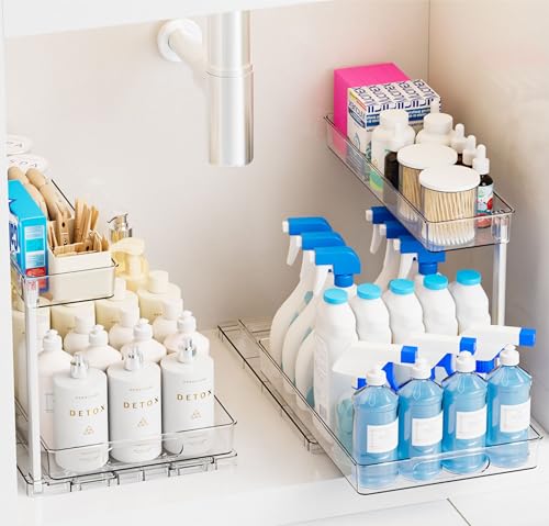 Yieach 2 Pack 14.6″ Deep Pull Out Under Sink Organizer,12.8″ High 2 Tier Slide Out Cabinet Organizer for Kitchen Cabinet,Undersink Organizers,Under Sink Shelves,Bathroom Organizers and Storage,Clear - size: 12.8 In High