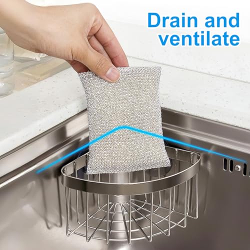Cabilock Stainless Steel Sponge Holder for Kitchen Sink Suction Cup Corner Sink Caddy Kitchen Organizer for Sponge Scrubber Dishcloth 6.29 X 4.72 X 3.54 in