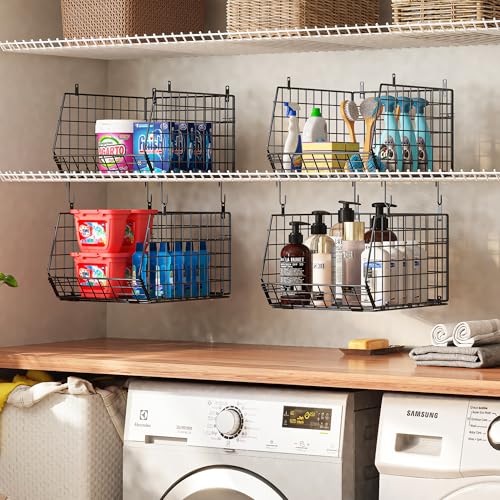 4" Extra Deeper Hanging Closet Organizers and Storage,4 Tier Foldable Wire Cabinet Shelves with 5 S Hooks,Small Metal Basket Bins for Clothes Sweaters Handbags, Wardrobe for Kitchen Laundry Room，Black - color: Black, size: 4-Tier