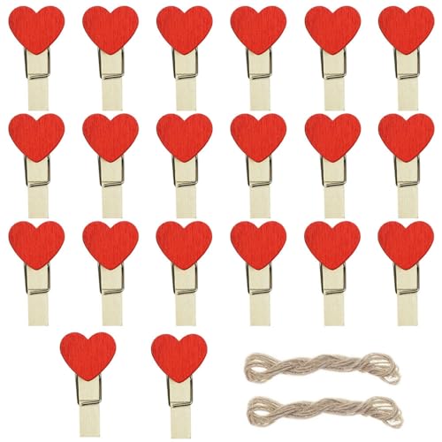 Red Heart Clothespins Mini Wooden Clothespins with Jute Twine Small Decorative Wood Peg Pin Craft Clips for Pictures Photo Memo Card
