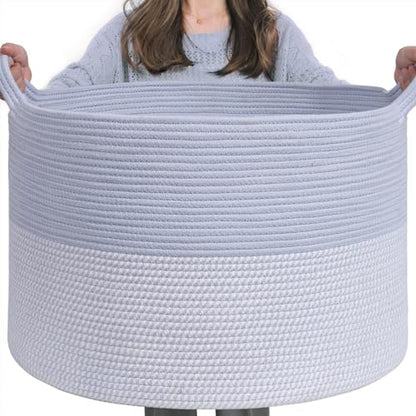 INDRESSME XXXLarge Woven Rope Blanket Basket Living Room Blue, 90L - color: Blue & White, size: 21.7"D x 13.8"H