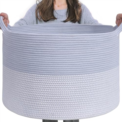 INDRESSME XXXLarge Woven Rope Blanket Basket Living Room Blue, 90L - color: Blue & White, size: 21.7"D x 13.8"H