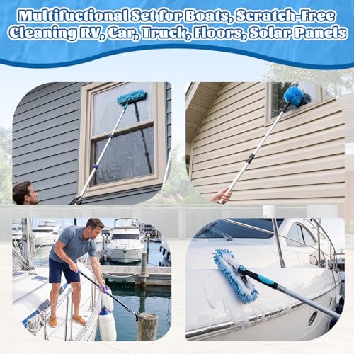 Boat Brush and Boat Hook with 12ft Telescoping Pole, 4 Piece Cleaning Kit with Replaceable Heads, 2-in-1 Window Squeegee & Cobweb Duster for Marine, Rv & High Reach Cleaning - size: 12ft