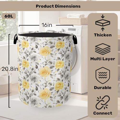 Yellow Gray Flowers Large Clothes Hamper Bag - Laundry Basket with Handles, Space Saving Foldable Design for Nursery - color: Yellow Gray Flowers
