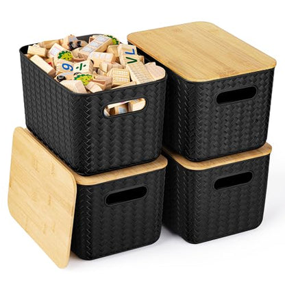 Ohmlove 4 Pack Storage Bins with Bamboo Lids,Stackable Box for Organization - color: Black