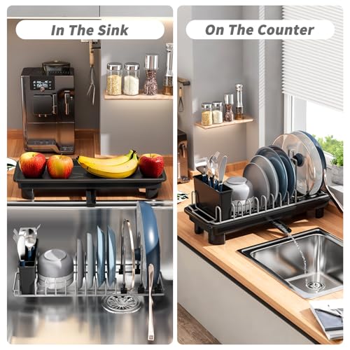 Small Dish Drying Rack, Stainless Steel with Drain Board & Utensil Holder - color: Black