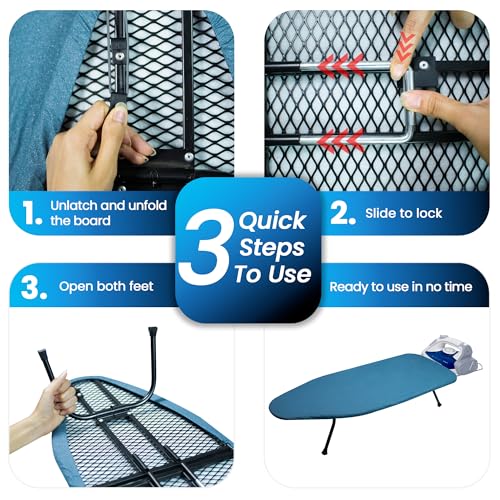 Metal Mesh Panel Tabletop Ironing Board | Foldable Iron Board | Heavy Duty Small Iron Board with Heat Resistant Cover and 100% Cotton 8mm Thicken Pad (Blue) - color: Blue