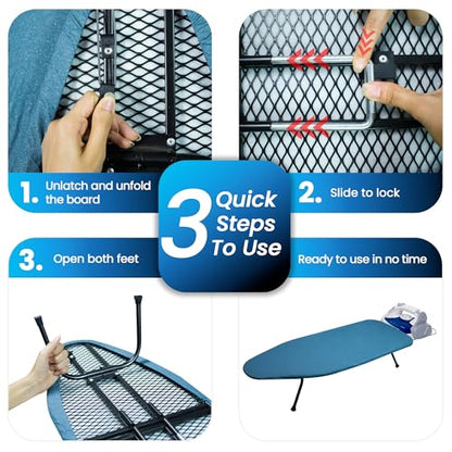 Metal Mesh Panel Tabletop Ironing Board | Foldable Iron Board | Heavy Duty Small Iron Board with Heat Resistant Cover and 100% Cotton 8mm Thicken Pad (Blue) - color: Blue