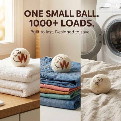Woolly's Wool Dryer Balls – 100% Pure New Zealand Wool, Reusable Natural Fabric Softener, Reduces Drying Time & Clothes Wrinkles, Chemical-Free Dryer Balls (Pack of 6)