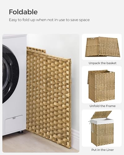 SONGMICS Laundry Hamper with Lid, 23.8 Gal (90 L) Synthetic Rattan,Foldable - color: Goose Yellow, size: 90 L