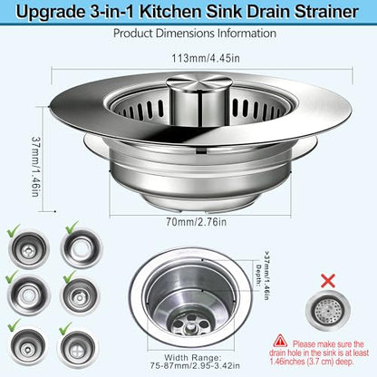 Upgraded 3-in-1 Pop-Up Kitchen Sink Drain Strainer Stopper - color: Silver, size: 1 Pack