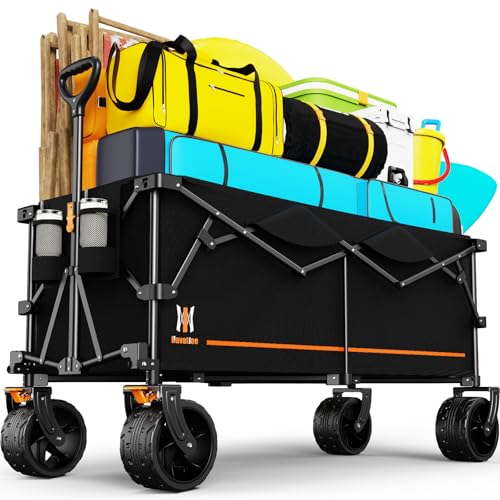 Navatiee 48" L Collapsible Extended Wagon, 440Lbs Heavy Duty Wagons Carts Foldable, 300L Extra Large Beach Wagon with Big All-Terrain Wheels for Sand, Folding Utility Garden Cart for Outdoor, Black - color: Black, size: 300L