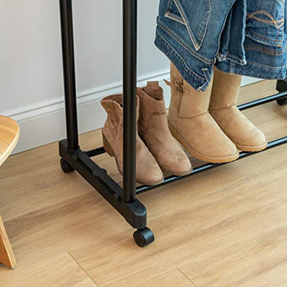 IRIS USA Portable Double-Rod Height Adjustable Clothes Rack with Extendable Bar and Lockable Wheels, Rolling Garment, Double Rod Wardrobe Rack, Easy Assemble, for Clothes, Belts, Shoes, and Bags - style: Double Extendable-Width Rods