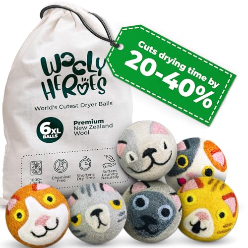 Chemical Free & Baby Safe! Reusable Wool Dryer Balls XL 6-Pack - Reduces Static, Cuts Dry Time, & Softens Naturally - color: Whimsicat & Friends
