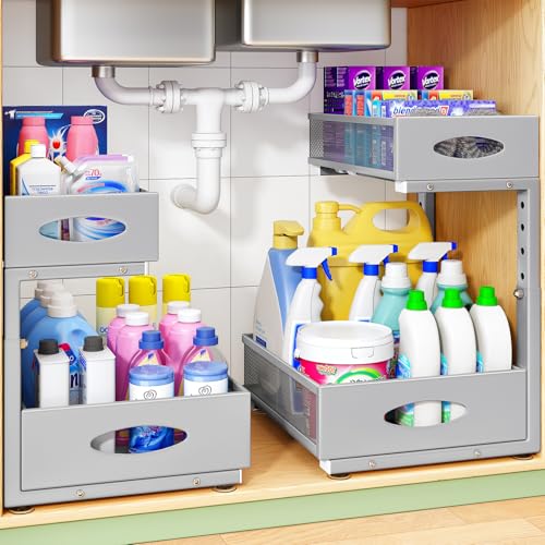 Under Sink Organizer, 2-Pack Pull Out Cabinet Organizer 2 Tier Metal Slide Out Storage Shelf Rack, L-Shaped Adjustable Height,Mesh Sliding Drawer for Kitchen, Bathroom, Laundry, Pantry, Grey, XL - color: Grey, size: 2-Pack