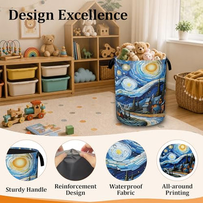 Starry Sky Oil Painting Waterproof Laundry Basket with Handles, Foldable Clothes Hamper, Large Capacity Laundry Organizer Bin for Bedroom Bathroom Dorm Room - color: Starry Village