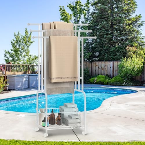 Freestanding Towel Rack for Bathroom, 3-Tier White Metal Stand with Basket