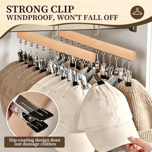 2 Pack Wooden Pants Hangers with 12 Clips, Space Saving Hanging Closet Organizer, Multi-Purpose Hanger for Leggings, Socks, Underwear, Bras, Towels, Closet Storage Solution (Natural) - color: Natural