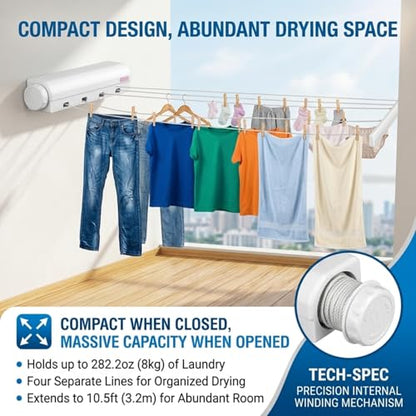 Retractable Clothesline Kit Telescopic Multiple Ropes Clothes Line, Clothes Drying Rope Hanger for Indoor Outdoor Supplies, Automatic Wall Mounted Retractable Clothes Drying Rack - size: Four ropes