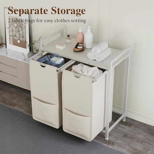 Laundry Sorter, 2 Section, 26.8x13x28.5 Inch - size: 2 Bags-97L / White + Beige