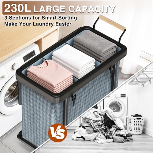 Rolling Laundry Hamper with Wheels, Laundry Hamper 3 Section with Lid Gray - color: Gray-3 Section, size: 3 Section