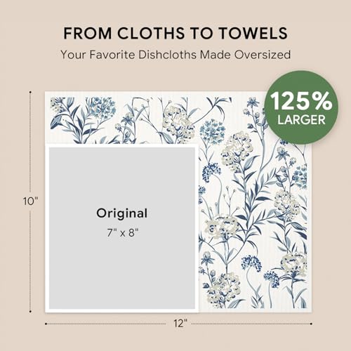 RECYCO Swedish Dishcloths for Kitchen | 4 Pack Oversized Washable Dish Rags | Large Cellulose Reusable Cleaning Paper Towels | Absorbent Counter Dish Cloth Sponge XL Kitchen Wipes, 12" L x 10" W - color: Watercolor Florals Stormy Blue - Xl 4 Pack