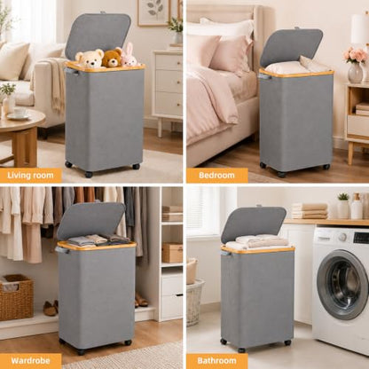 Laundry Hamper with Wheels and Lid 75L, Removable Inner Bag, Collapsible, Grey - color: Grey
