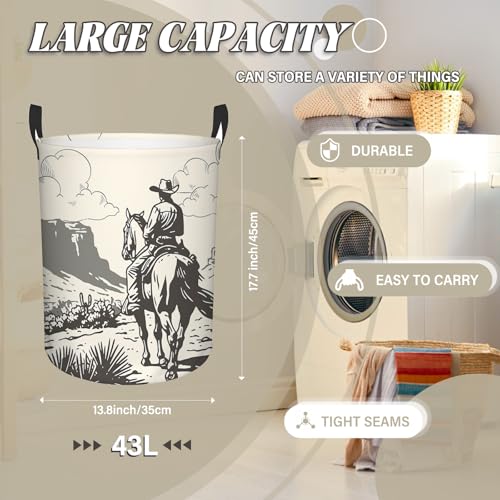Western Cowboy Laundry Basket, 43L Round Oxford Laundry Hamper - color: Western Cowboy