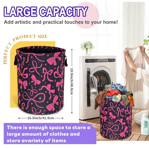Pink Bowknot Laundry Basket Foldable Oxford Cloth Bow Hamper 18.9 x 16.5 In - color: Bow