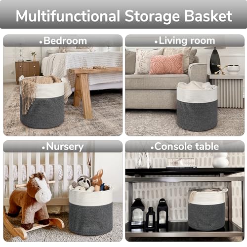 Goodpick Woven Rope Blanket Basket Living Room, 40L, Dark Grey - color: Dark Gray, size: 15 × 14.2 inches