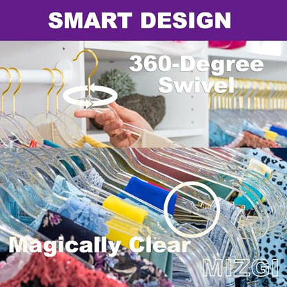 MIZGI Slim Gold Glitter Pants & Skirt Hangers (20 Pack) – Adjustable Gold Clips & Hooks, Transparent Non-Felt, Space-Saving for Dresses, Shirts, Blouses - color: Gold Glitter/Gold, size: 20-Pack