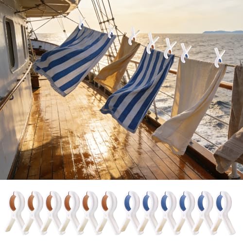 Large Beach Towel Clips Heavy Duty Plastic Towel Clips for Beach Pool Chairs on Cruise Boat Windproof Beach Clips Pins with Stronger Spring Hold Tightly Beach Cruise Essentials (12, Blue and Khaki) - color: Blue and Khaki