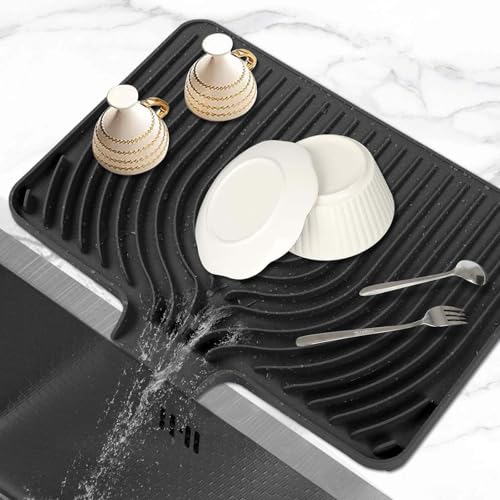 Dish Drying Mat for Kitchen Counter, with Built-in Drain Lip, Food-Grade Silicone, Easy Clean Pad for Countertop Protection, Multi-Functional Use (18 x12 Raised Sink, Black) - color: Black, style: 18 x12 Raised Sink