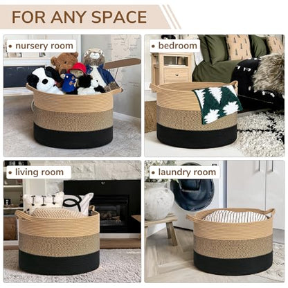 INDRESSME XXXLarge Woven Rope Blanket Basket Living Room, 90L - color: Camel Mix & Black, size: 21.7"D x 13.8"H