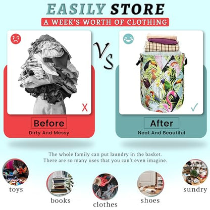 Tropical Birds Laundry Basket Foldable Oxford Cloth Hamper 18.9" x1 6.5" - color: Colorful Tropical Birds Palm Leaves