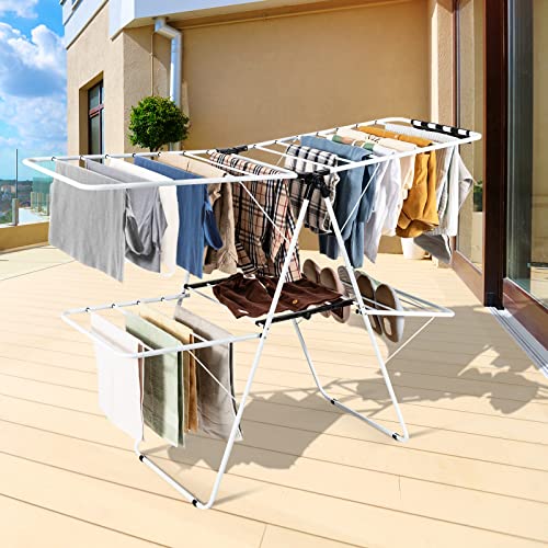 S AFSTAR 2-Layer Clothes Drying Rack, Folding Laundry Drying Rack w/Height-Adjustable Gullwing, 33 Rails & 26 Clips, Collapsible Laundry Hanger, Indoor/Outdoor Portable Dryer for Clothes Shoes Towels - style: 4 Wings