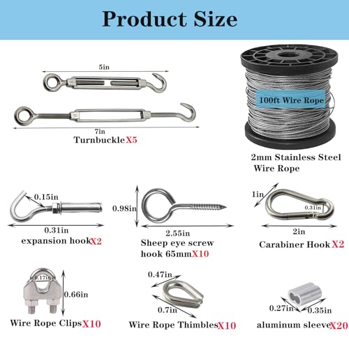 1/16 Inch 304 Stainless Steel Wire Rope Kit - 100ft 7x7 Strand Core Vinyl Coated Aircraft Cable with Turnbuckles for Outdoor String Lights Hanging, Garden & Guy Wire Support - size: 100 feet