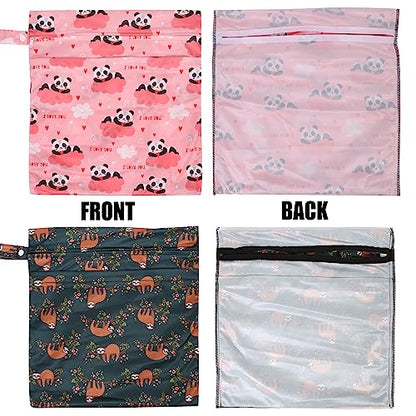 2pcs Travel Waterproof Laundry Bag, Cloth Diaper Wet Dry Bags with Handle & 2 Zipper Pockets, Reusable Washable Dirty Clothes Bag for Baby Adult Travelling Hanging, Bathing Beach Pool Daycare - color: Panda & Sloth