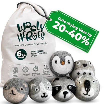 Chemical Free & Baby Safe! Reusable Wool Dryer Balls XL 6-Pack - Reduces Static, Cuts Dry Time, & Softens Naturally - color: Penguin & Friends