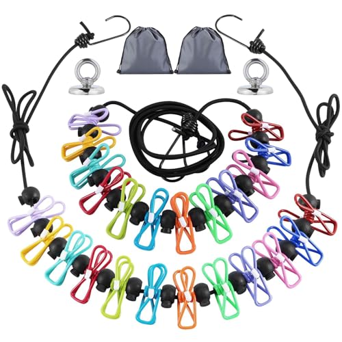 2 Pcs Camping Clothesline Portable 12 Clothespins, Camping Accessories Travel Clothesline for Outdoor Indoor, Retractable Clothes Line Elastic Clothesline, Windproof for Travel Camping Indoor Use