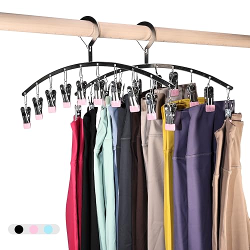 Legging Organizer for Closet,2 Pack Drying Rack with 20 Clips,Metal Yoga Pants Hangers,Windproof Clothes Hangers for Socks,Bras,Baby Clothes,Underwear-Space Saving,Indoor Outdoor Use (Pink) - color: Pink