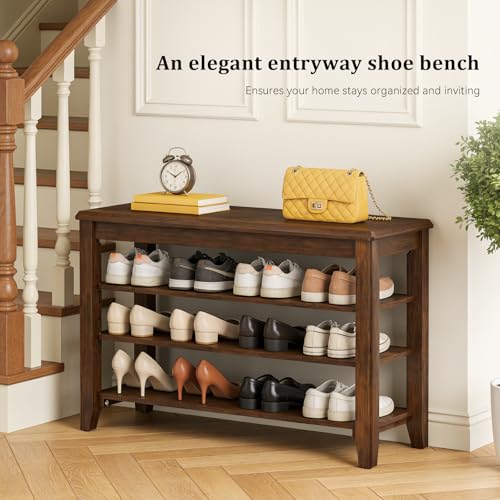 Taitiy Shoe Bench with 3 Tier Adjustable Shelves Rubberwood Entryway 31.5'' - color: Walnut - Wood, size: 31.5''